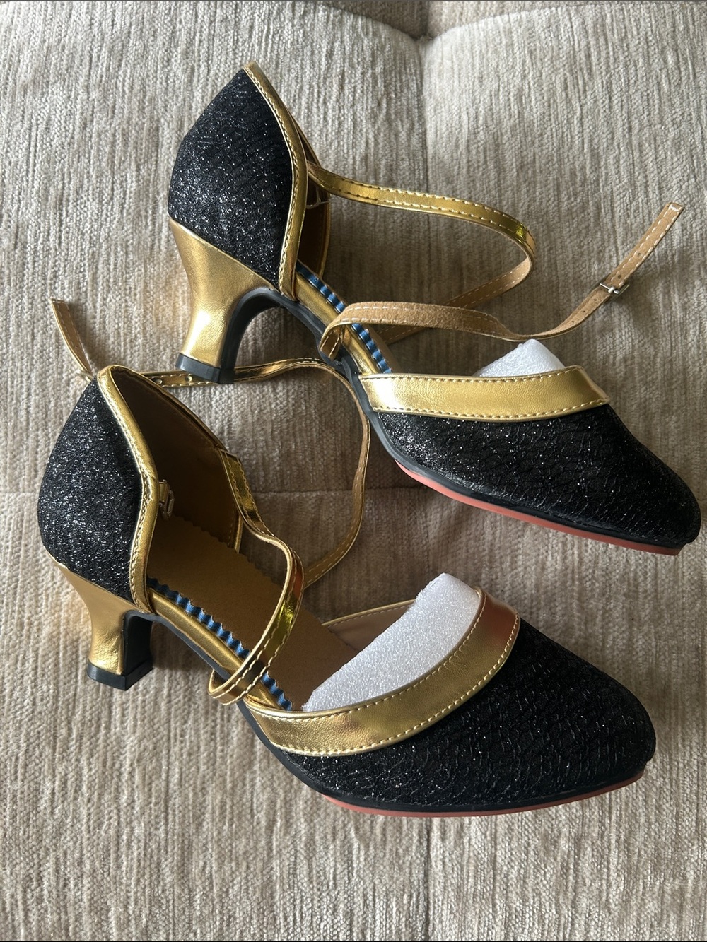 danios Women's Black and Gold Strappy Dress Heels - Elegant Evening Pumps